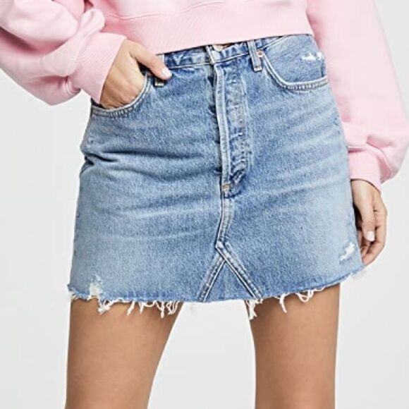 Agolde Quinn High Rise Cut Off Denim Mini Skirt Blue 25 - Picture 3 of 9